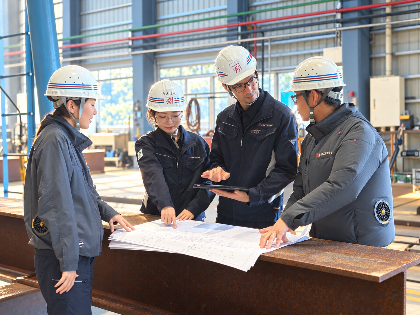 工場で図面を確認する4人の社員